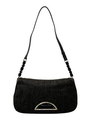 DIOR/ChristianDior Maris Pearl Black Denim Leather Shoulder Bag